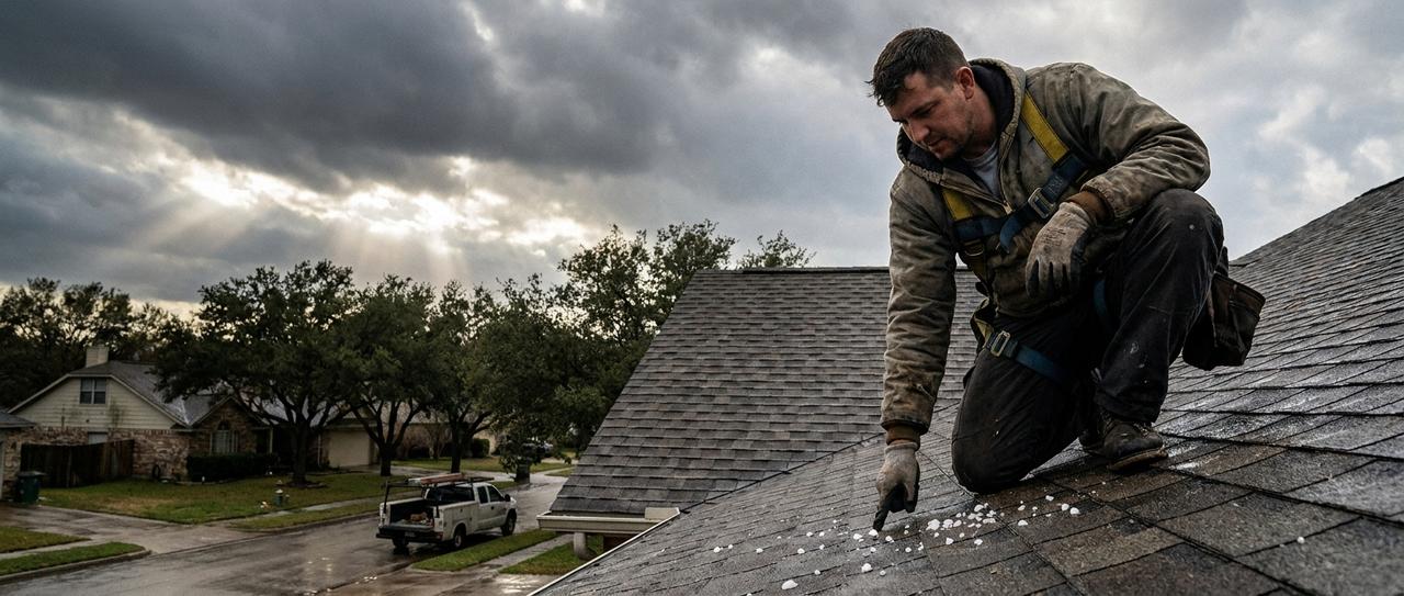 A roofer in a safety harness checking fresh hail damage on a wet shingle roof in a Central Texas neighborhood, with storm clouds clearing over the live oaks and a work truck on the street