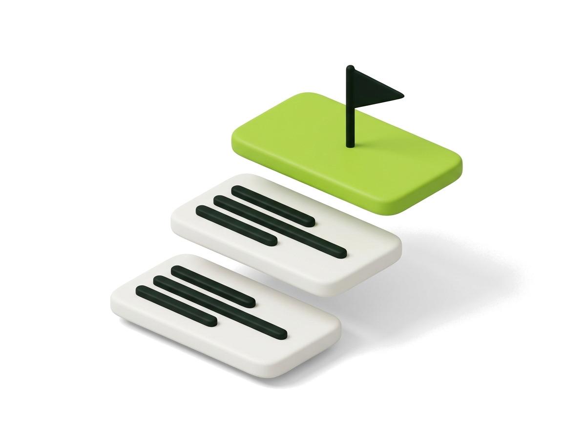 Stacked search results with the top result highlighted in green and a flag planted on it