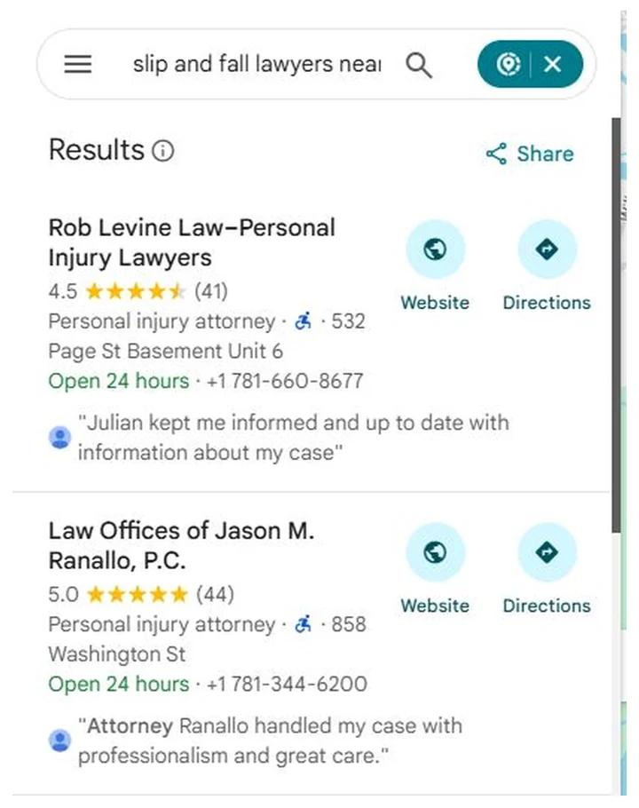 Google Maps results for slip and fall lawyers near me with Law Offices of Jason M. Ranallo at position 2