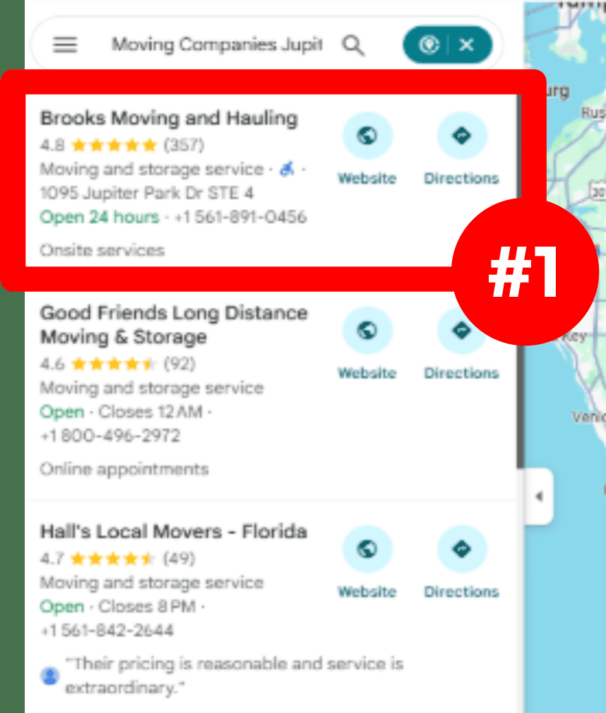 Google Maps results for moving companies Jupiter: Brooks Moving and Hauling first, marked #1