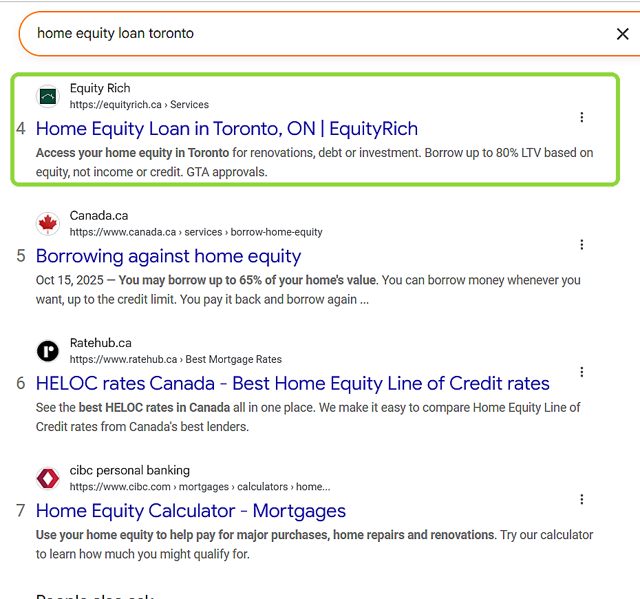Google result showing EquityRich fourth for home equity loan Toronto