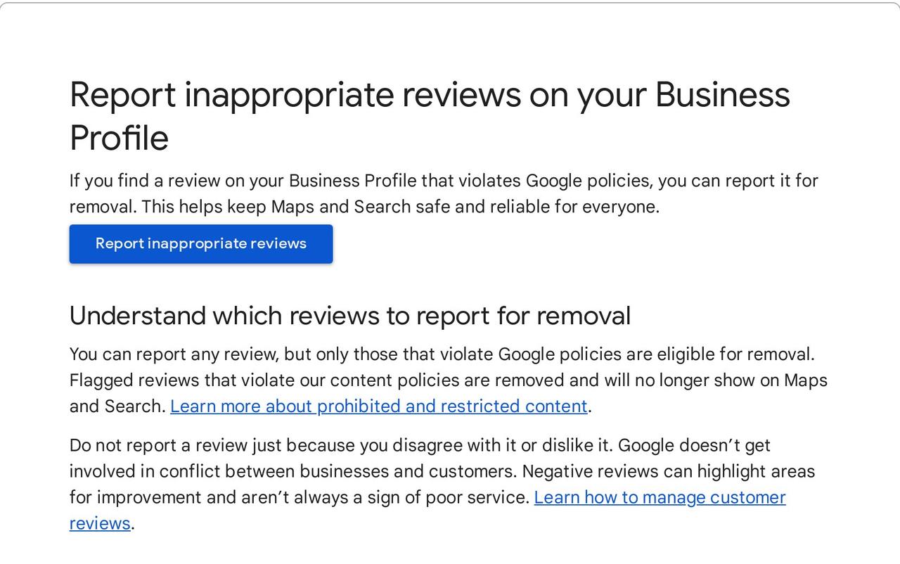 Google Business Profile Help page explaining which reviews to report for removal