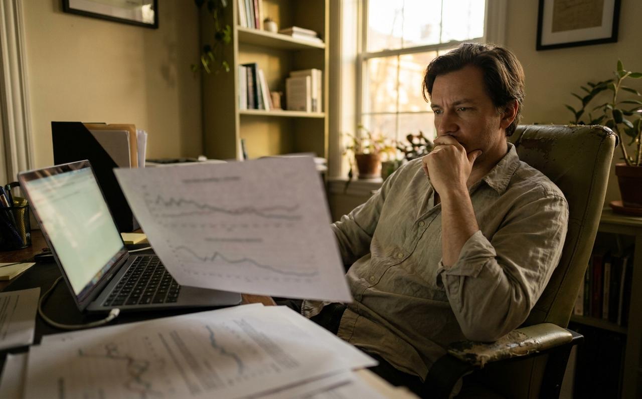 Business owner studying a flat monthly SEO report at his desk