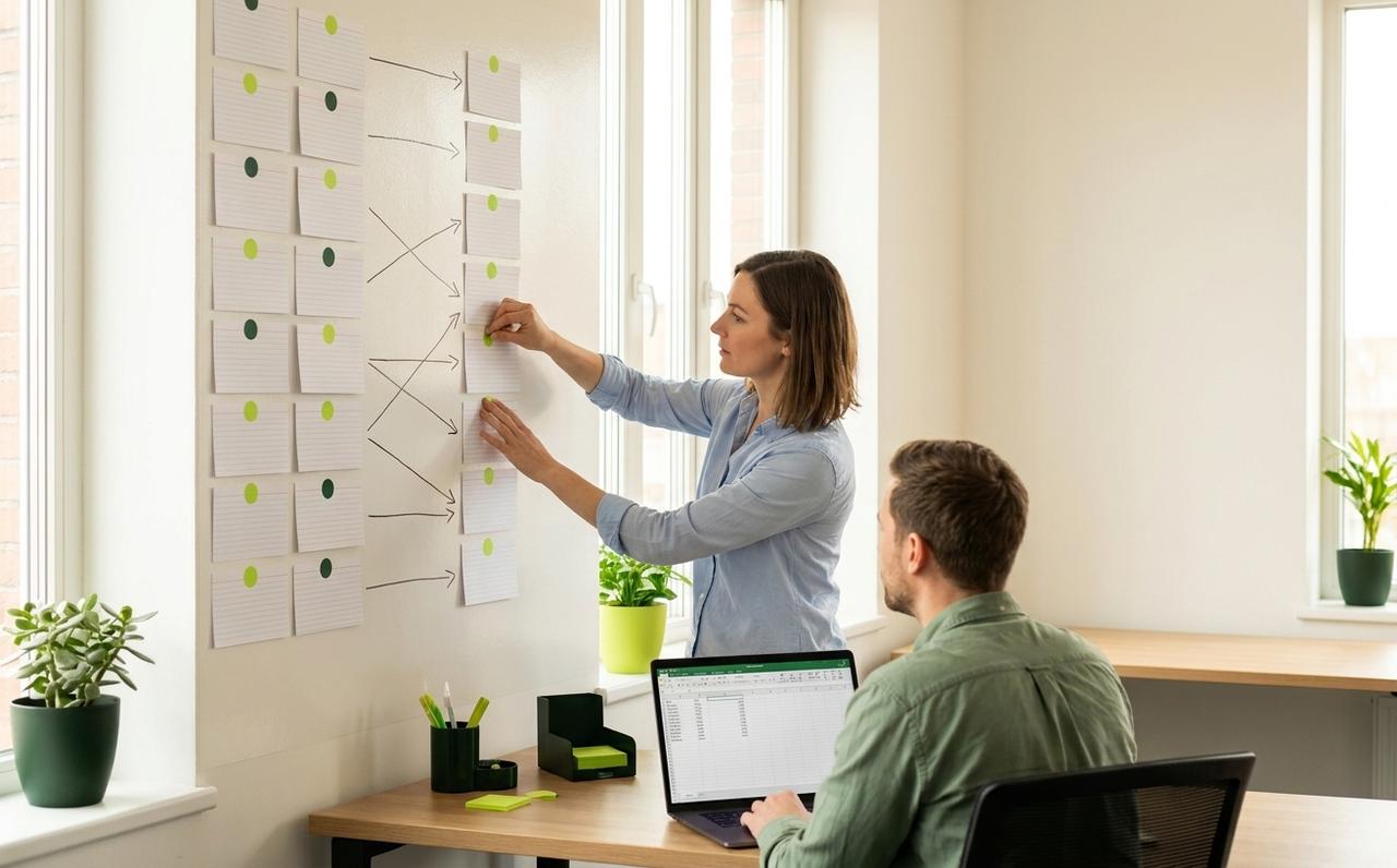 An SEO specialist pins index cards on a wall that maps each old page of a website to its new page, while a colleague works through the same map in a spreadsheet