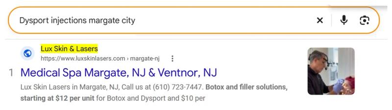Google result 1: Lux Skin Lasers for Dysport injections Margate City