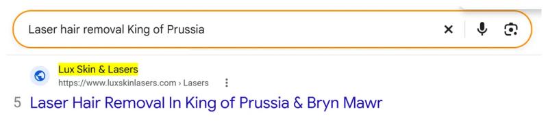 Google result 5: Lux Skin & Lasers for Laser hair removal King of Prussia