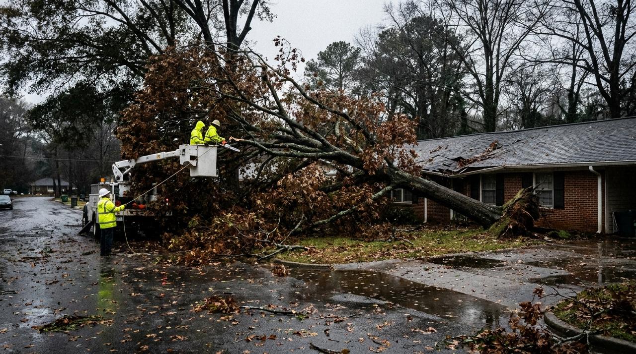 A tree crew in a bucket truck cutting a fallen oak off the roof of a brick ranch house on a wet Atlanta street after a storm
