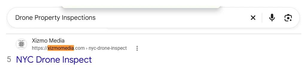 Google search for drone property inspections with Xizmo Media in position 5