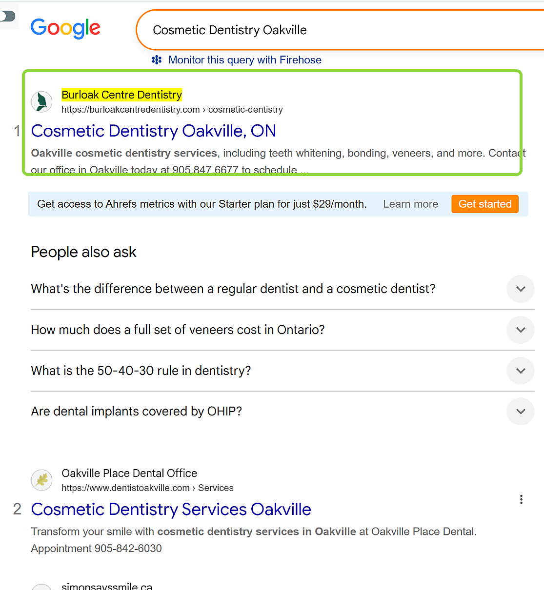 Google result showing Burloak Centre Dentistry first for cosmetic dentistry Oakville