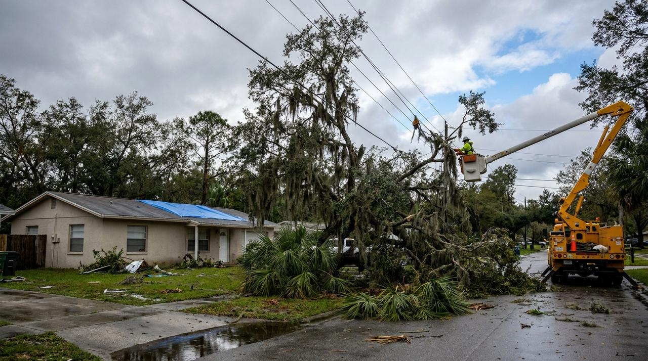 A lineman in a bucket truck clearing a fallen live oak draped in Spanish moss off a power line on an Orlando street after a hurricane, with a blue tarp on a nearby roof