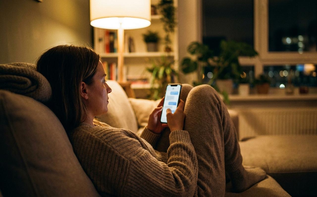Woman on a sofa asking an AI assistant on her phone for a recommendation