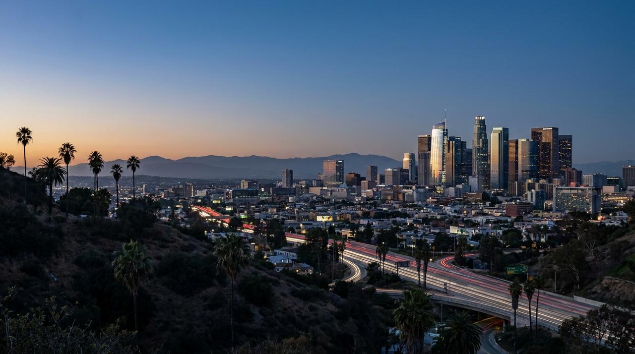 Downtown Los Angeles skyline at blue hour, with palm trees and the San Gabriel Mountains behind