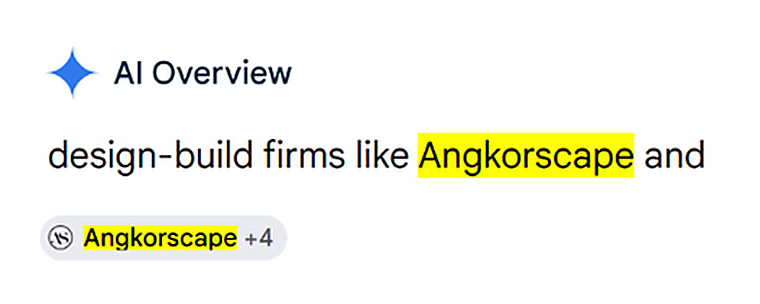 Google AI Overview naming Angkorscape among design-build firms, with Angkorscape cited as a source