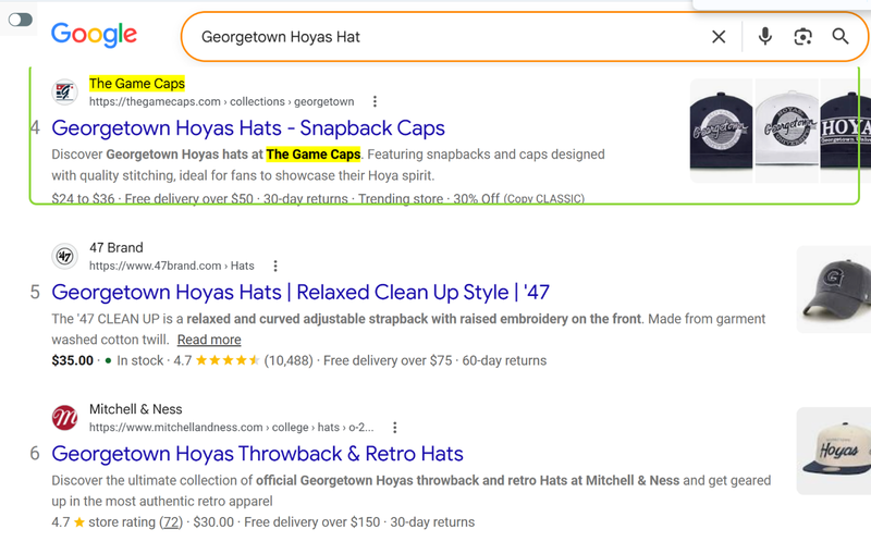 Georgetown Hoyas Hat: The Game Caps at #4, above 47 Brand and Mitchell & Ness