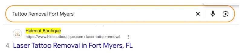 Google result 4: Hideout Boutique for Tattoo Removal Fort Myers