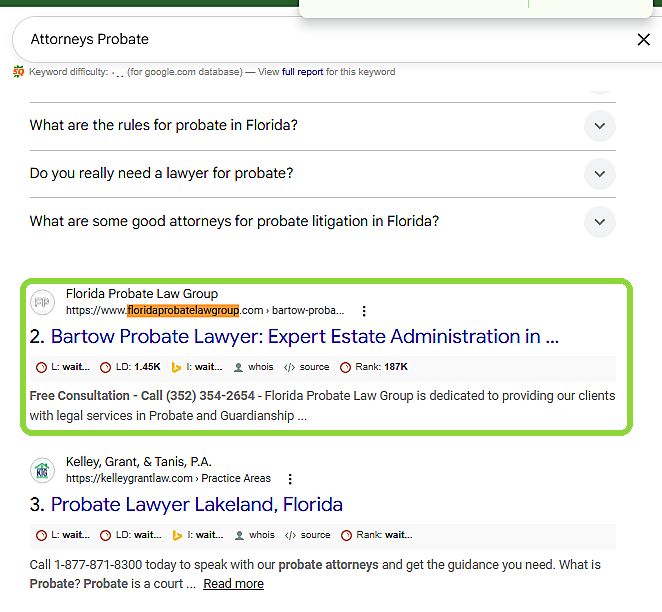 Google result showing Florida Probate Law Group second for attorneys probate