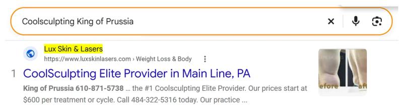 Google result 1: Lux Skin Lasers for Coolsculpting King of Prussia