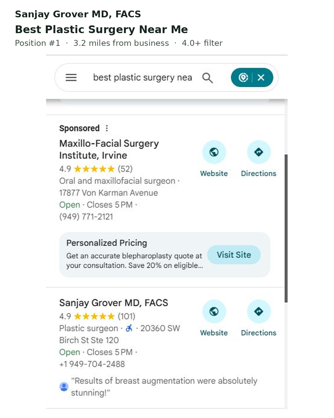 Google Maps results for best plastic surgery near me: one sponsored listing, then Sanjay Grover MD, FACS, plastic surgeon, 4.9 stars from 101 reviews
