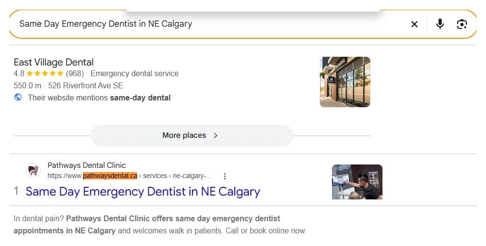 Pathways Dental Clinic first unpaid result for same day emergency dentist in NE Calgary, below the map listings.