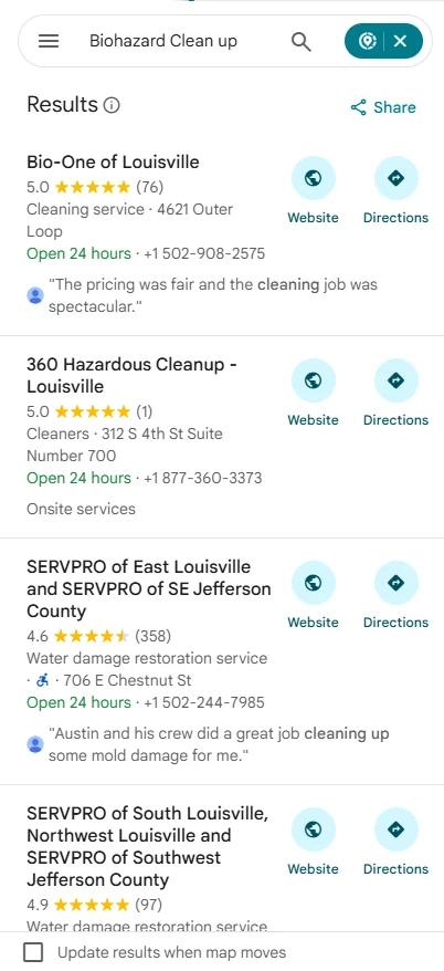 Google Maps results for biohazard clean up with 360 Hazardous Cleanup second