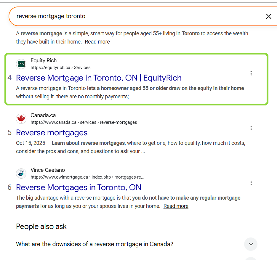 Google result showing EquityRich fourth for reverse mortgage Toronto