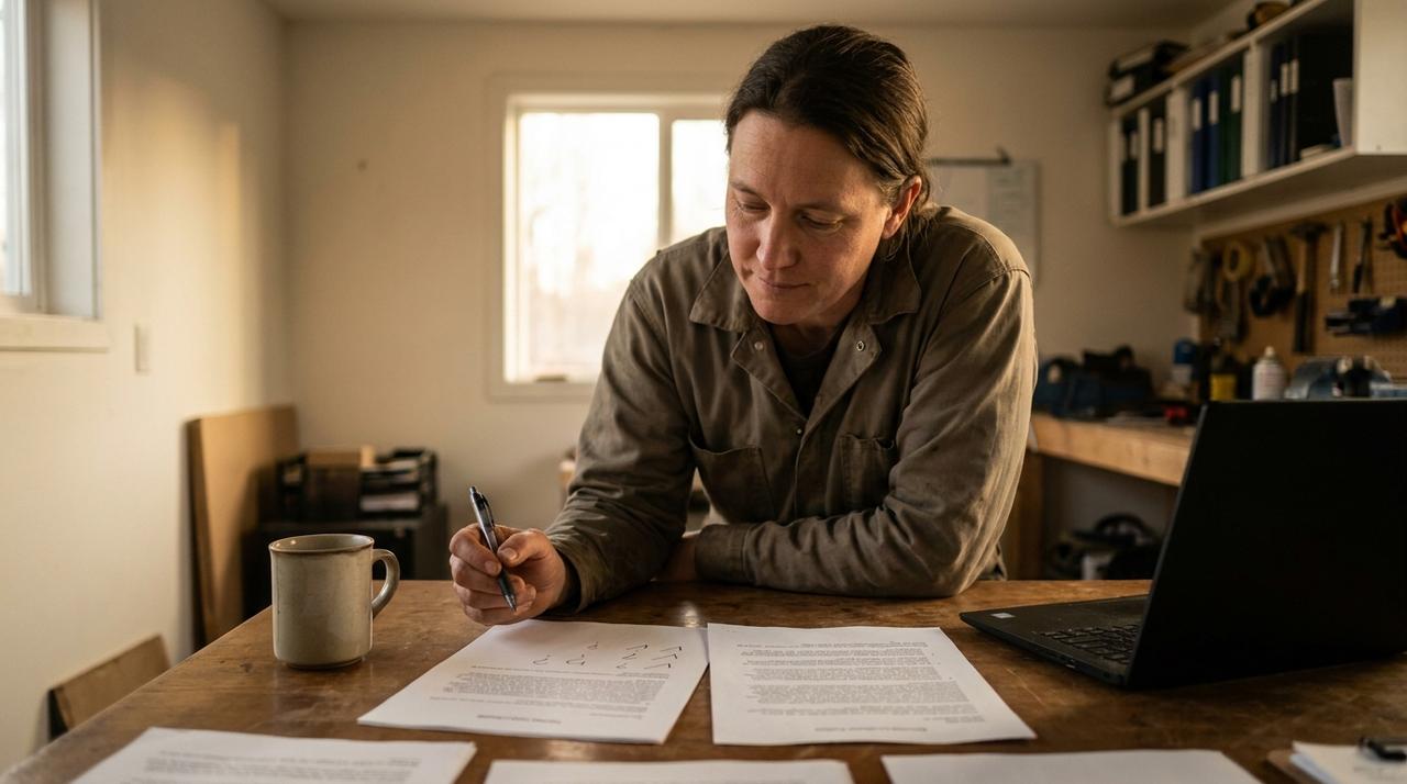 A business owner at a workshop table comparing two printed agency proposals, pen in hand