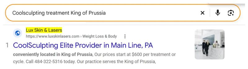 Google result 1: Lux Skin Lasers for Coolsculpting treatment King of Prussia