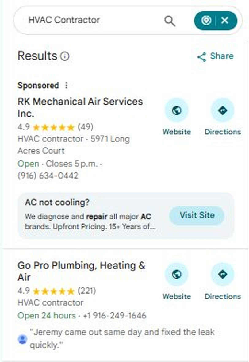 Google Maps results for HVAC Contractor in Sacramento: a sponsored listing, then Go Pro Plumbing, Heating and Air as the first business underneath