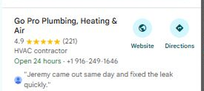 Go Pro Plumbing, Heating and Air listing on Google Maps with 4.9 stars from 221 reviews, the first result after the sponsored ad for HVAC Contractor in Sacramento