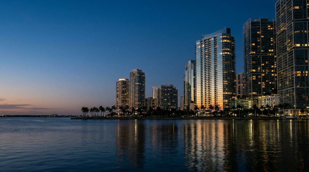 Brickell and downtown Miami skyline at blue hour across Biscayne Bay
