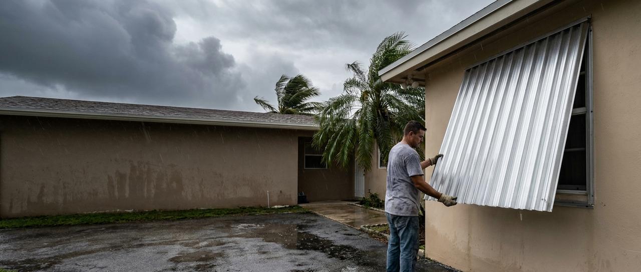 A man fitting an aluminium hurricane shutter over the window of a South Florida house as a storm moves in