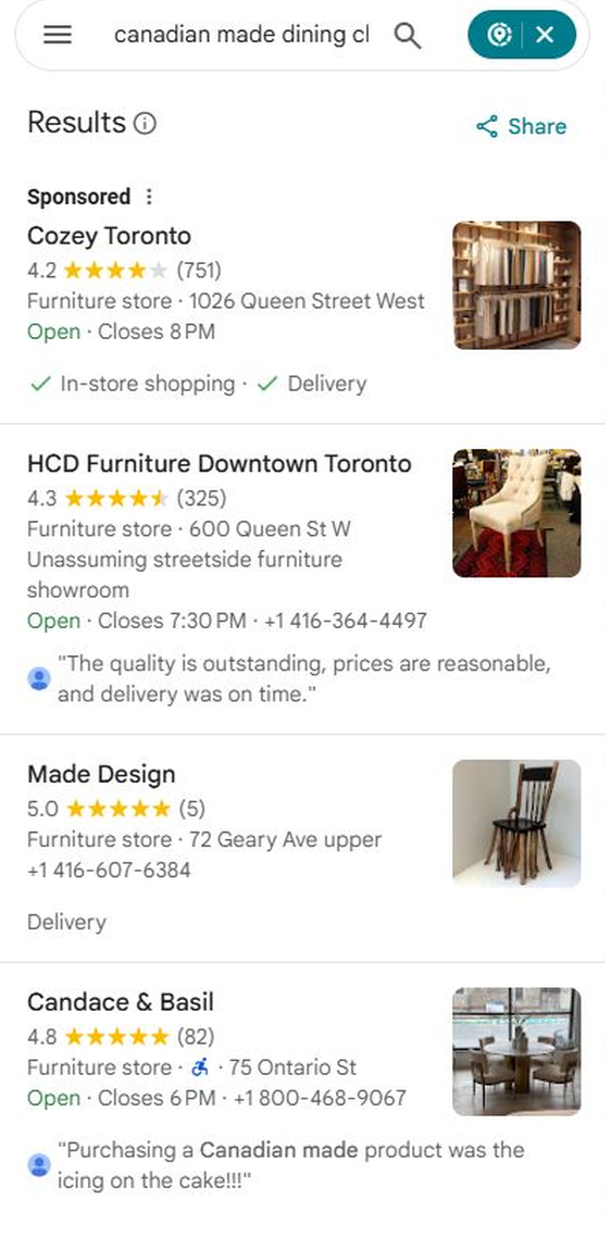 Google Maps list for canadian made dining chairs with Candace and Basil third after one sponsored store