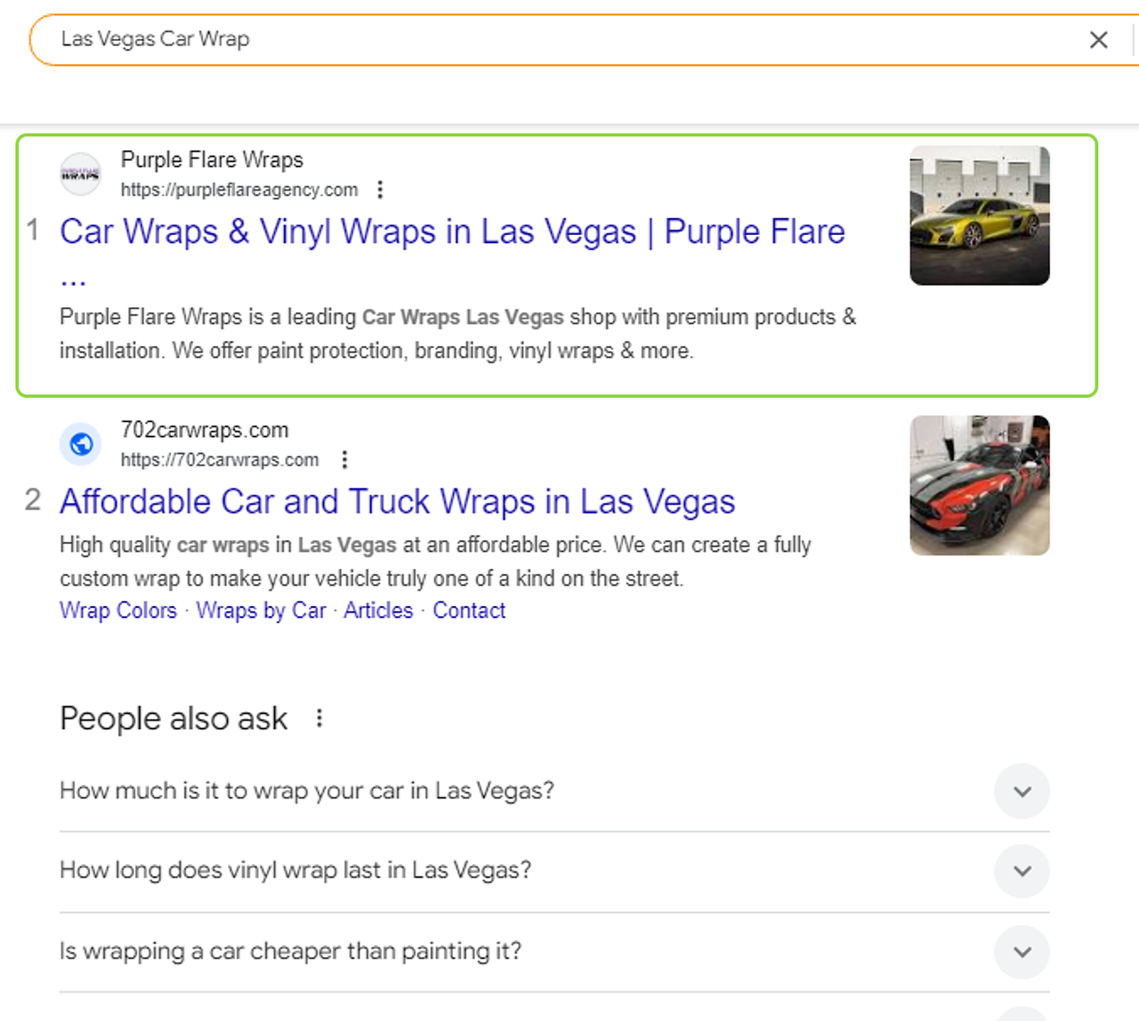 Google result showing Purple Flare first for Las Vegas Car Wrap