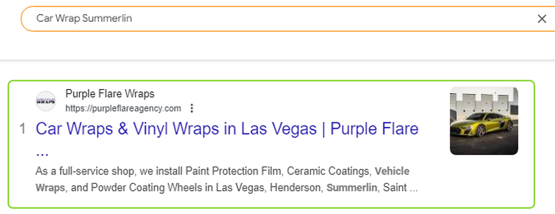Google search for Car Wrap Summerlin: Purple Flare Wraps is result number 1