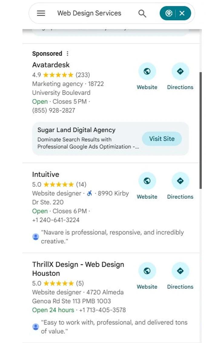 Google Maps results for Web Design Services with ThrillX Design at position 2