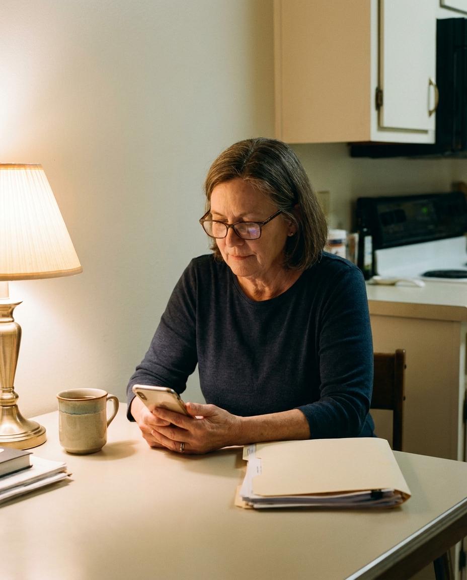 A homeowner in her sixties reads on her phone at the kitchen table in the evening, a folder of papers and a mug of tea beside her