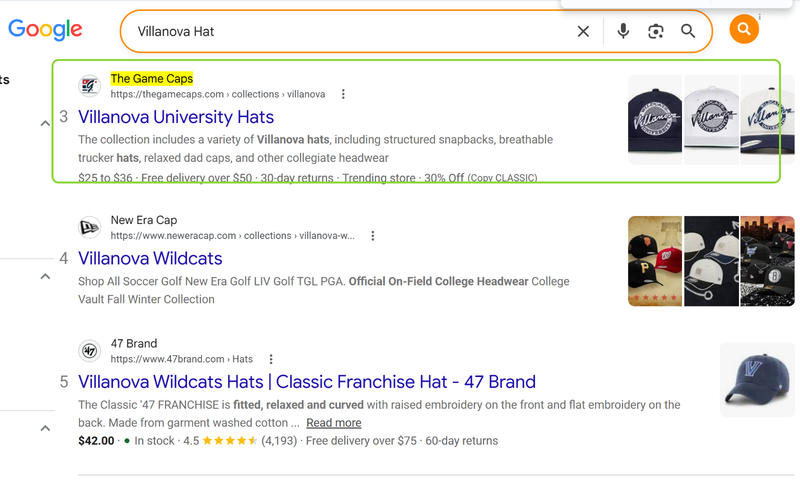 Villanova Hat: The Game Caps at #3, above New Era and 47 Brand