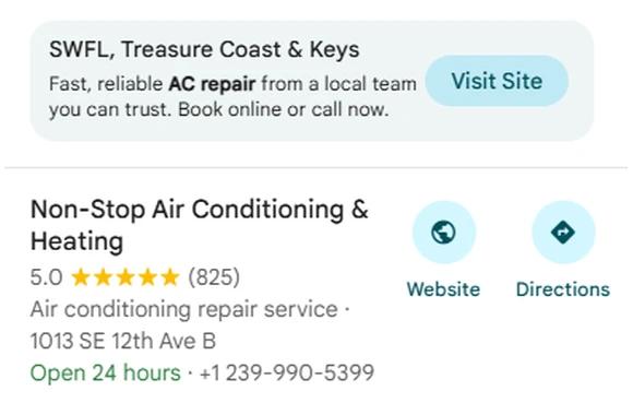 Google Maps results for ac repair with Non-Stop Air Conditioning & Heating as the first listing below an ad