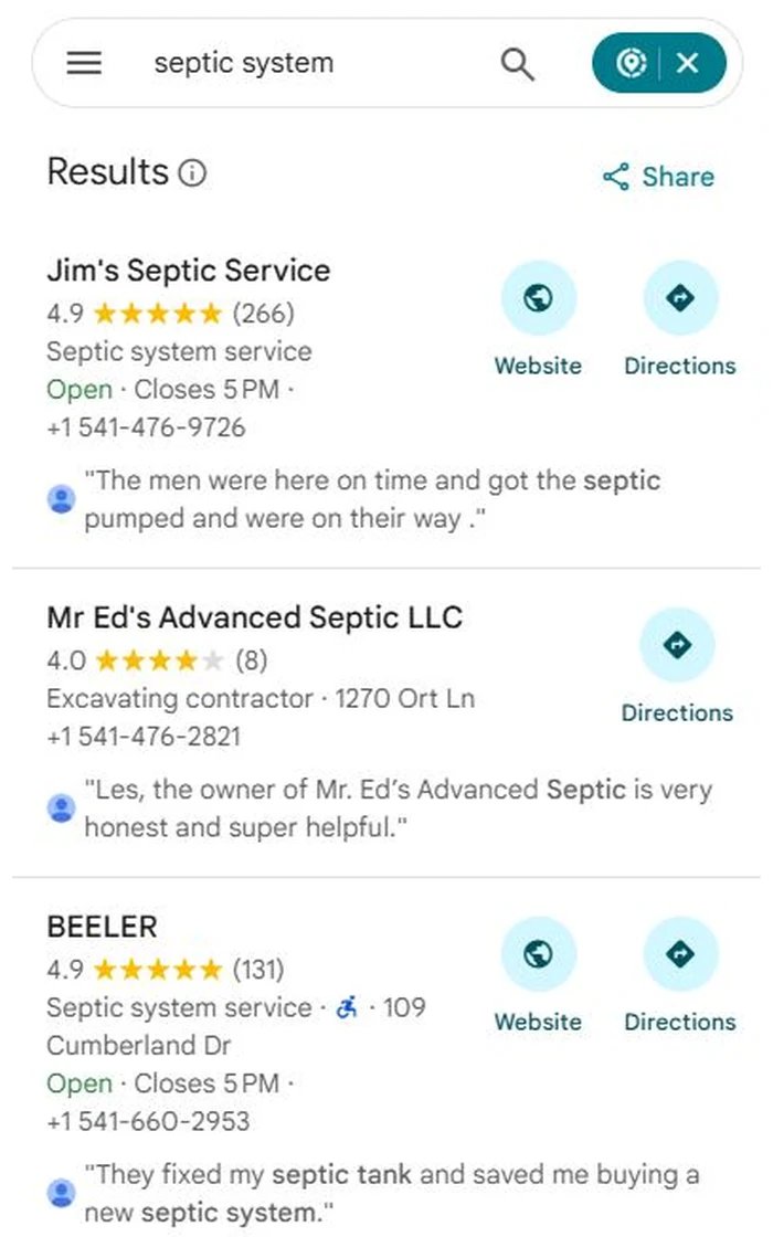 Google Maps results for septic system with BEELER third