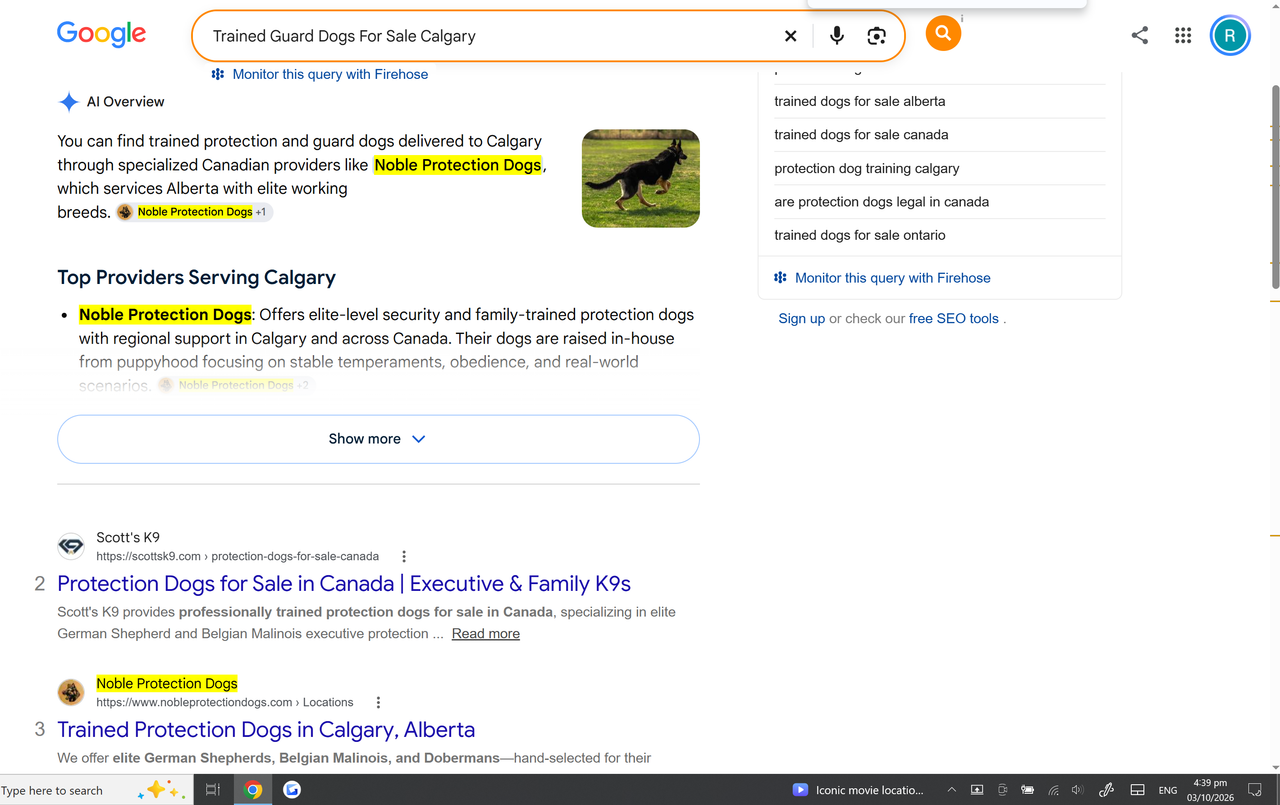 Google AI Overview opening sentence naming Noble Protection Dogs as a Canadian provider delivering trained guard dogs to Calgary