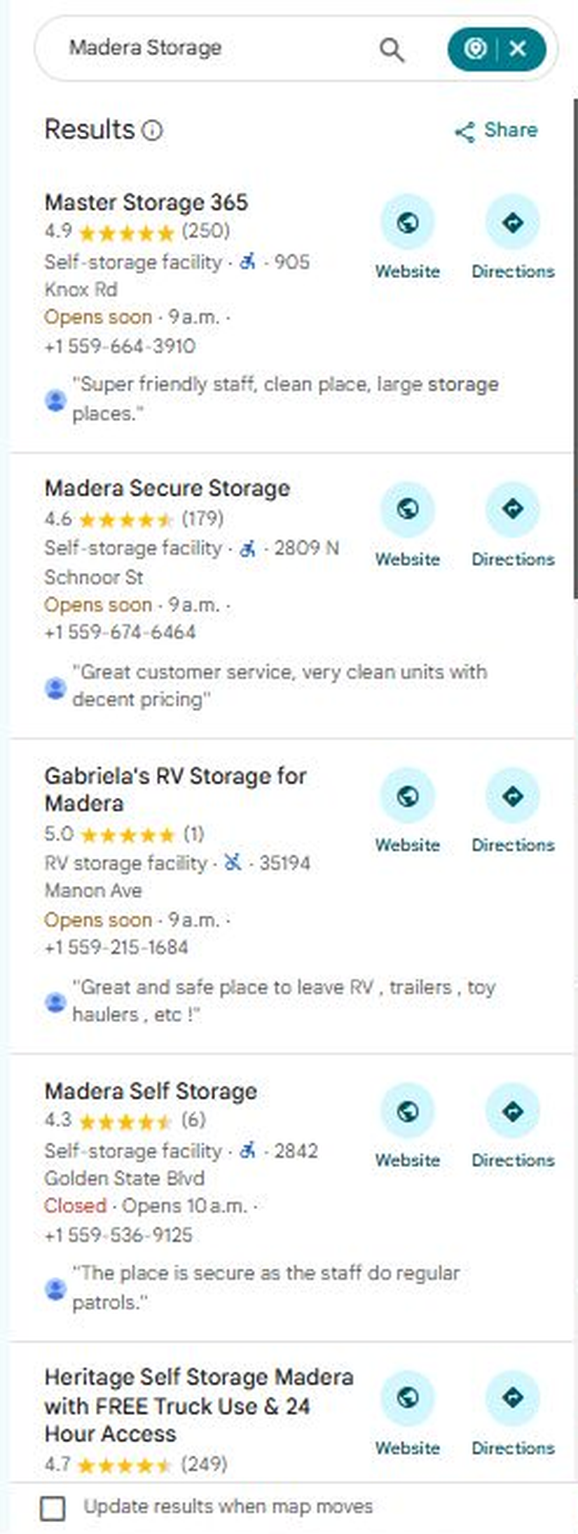 Google Maps results for Madera Storage with Master Storage 365 listed first
