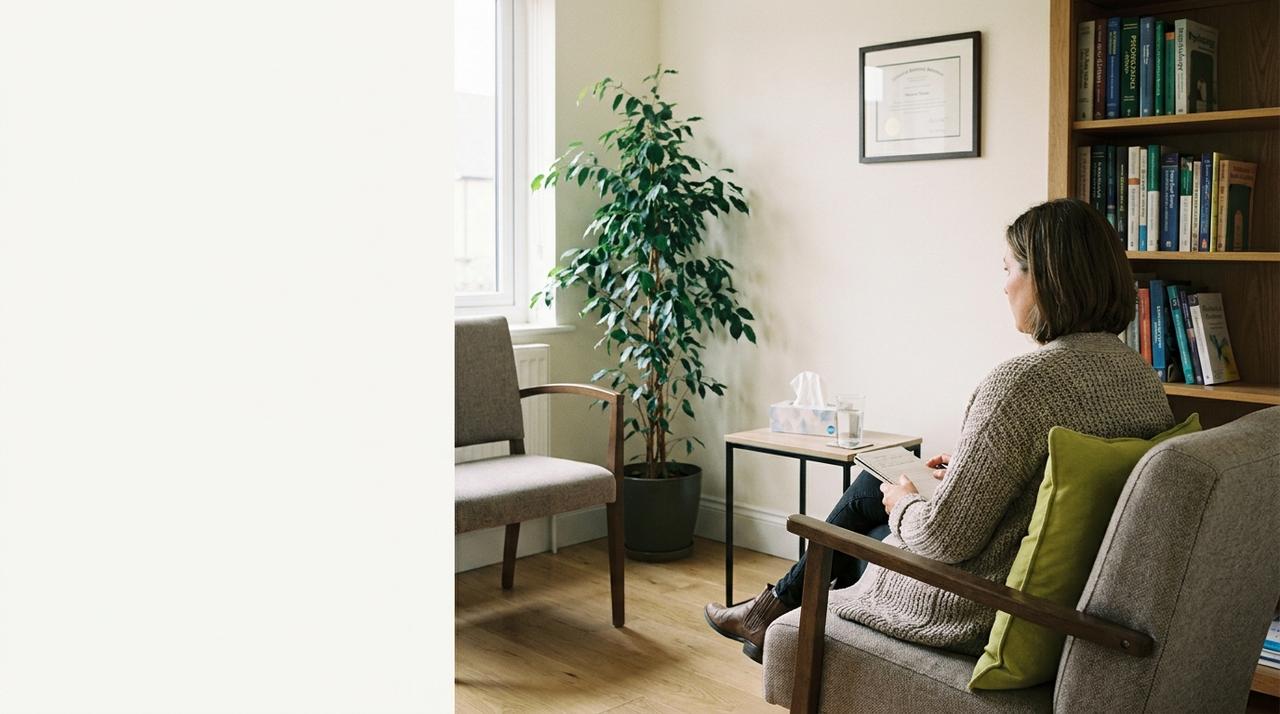 A therapist with a notebook sits in an armchair in a calm, plant-filled therapy room, an empty chair waiting across from her