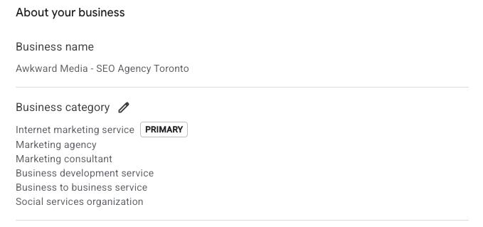 The Business category section of a Google Business Profile with one category tagged PRIMARY above secondary categories