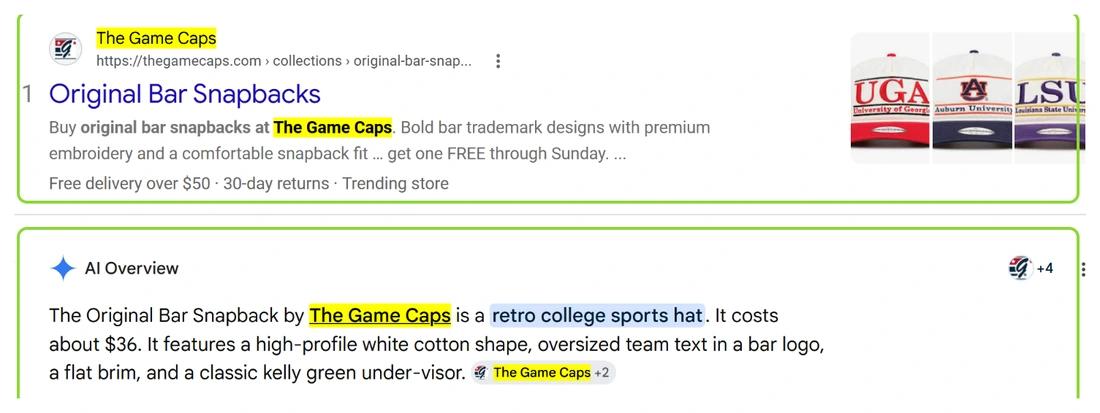 Google results for original bar snapbacks with The Game Caps in position 1 and named in the AI Overview below