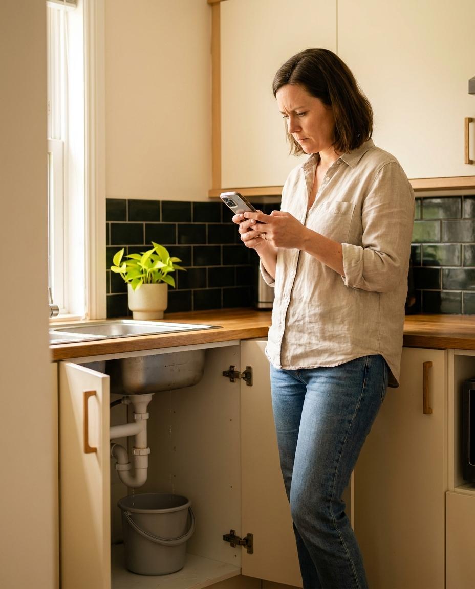 A homeowner with a leaking sink searching on her phone for someone to call
