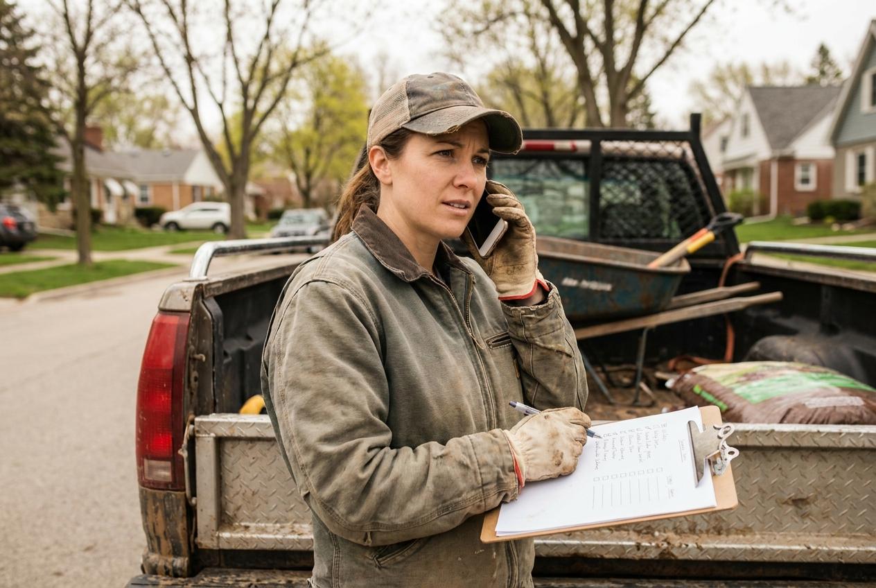 A landscaping company owner at her truck, phone to her ear, reading a list of questions on a clipboard