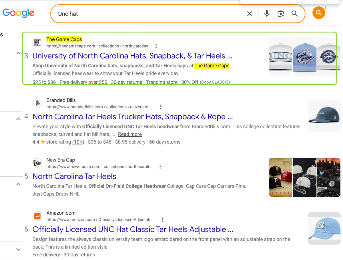 UNC Hat: The Game Caps at #3, New Era at #5, Amazon at #6