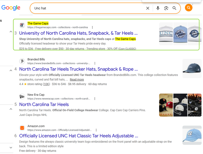 Google results for UNC hat with The Game Caps third, above New Era and Amazon