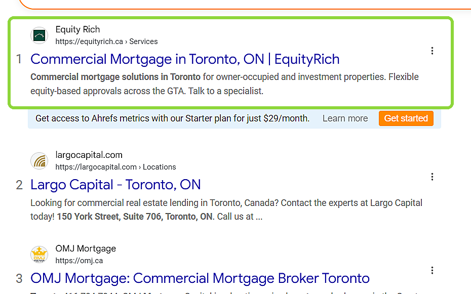 Google results for commercial mortgage toronto with EquityRich in position 1 above Largo Capital and OMJ Mortgage
