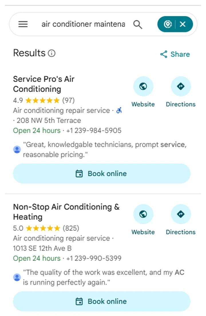 Google Maps results for air conditioner maintenance near me with Non-Stop Air Conditioning & Heating at position 2